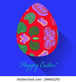 Rosy Easter egg with floral ornaments, text  on a  blue  background. Hand drawn. 