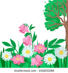 Rosy flowers, summer meadow in nature, blooming daisies and bells, grass around. Tree with green foliage on the side. Vector isolated object on white background. Cartoon flat style illustration