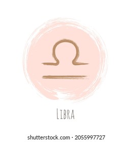 Rosy gold Libra zodiac symbol vector, round hand painted horoscope sign. Astrological icon isolated. Circle pink gold Libra astrology zodiac sign clip art on white background.