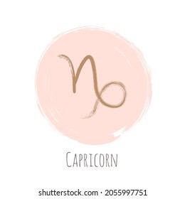 Rosy pink color circle Capricorn zodiac gold symbol vector, hand painted horoscope sign. Astrological icon isolated. Capricorn astrology zodiac sign clip art on white background.