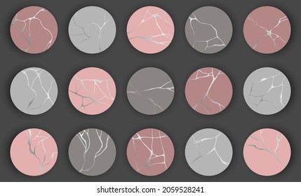 Rosy pink gray circles with gold kintsugi vector patterns. Japanese art of repairing broken pottery. Broken line cracks patterns set for Black Friday Sale banners. Gold kintsugi restoration background