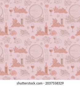 rosy seamless pattern with grapes and wine bottles - vector silhouettes on background