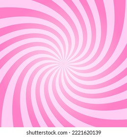 Rosy sunset, twisted stipes, pinwheel pattern. Pink circus, carnival or masquerade background. Strawberry bubble gum, sweet lollipop candy, ice cream texture. Vector cartoon illustration