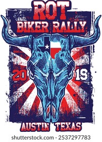 ROT Biker Rally 2019 - Austin Texas - Blue Bull Skull Design