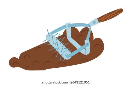 Rotary cultivator rolls on the soil. Loosen the soil for plants. Gardening tools. Flat color illustration. It is suitable for the design of articles and educational materials on gardening and hobbies