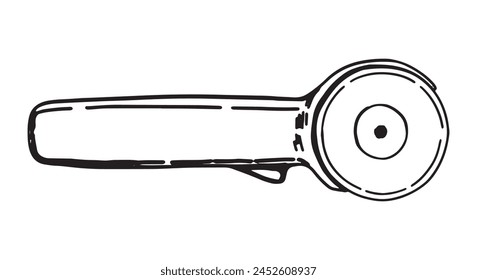 Rotationsschneider Skizze, Messer für Stoff. Nähhandwerk, Schneiderwerkzeug Doodle. Umriss-Vektorillustration im Retro-Gravurstil.