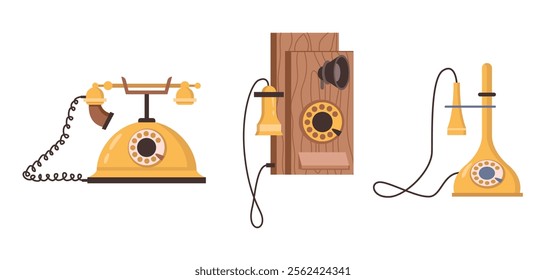 Rotary dial phones with rotating disk for number input. Vector flat cartoon style, isolated old devices for communication and talk. Wired gadgets of different generations vintage candlestick telephone