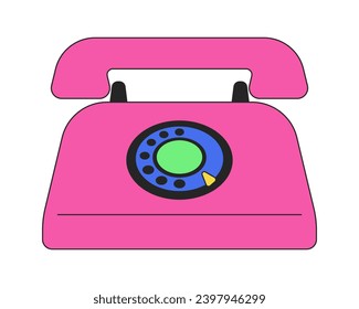 Teléfono de marcación rotativo anticuado objeto de dibujos animados lineales 2D. Receptor de teléfono vintage aislado elemento vector de línea fondo blanco. Ilustración de manchas planas de color de telecomunicación clásica