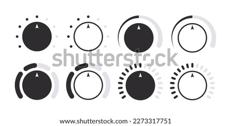 Rotary dials. Volume level handle, rotary dials with round scale and round controller. Vector illustration