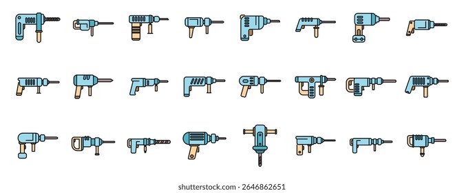 Rotary hammer drilling machine icons set, hammering and drilling equipment collection