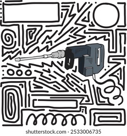 Rotary hammer or impact drill with doodle lines and outlines around, hand drawn illustration graphic. Heavy electric tool for construction work pen drawing logo. Professional universal puncher machine