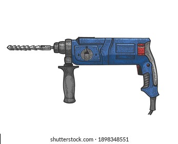 Rotary hammer power drill tool sketch color engraving vector illustration. Scratch board style imitation. Hand drawn image.