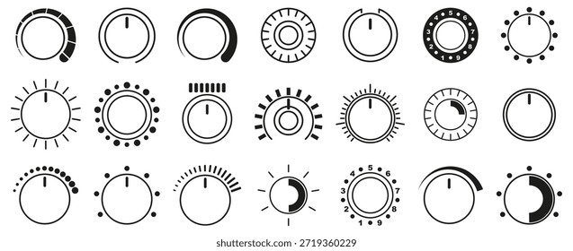 Conjunto de iconos de mando giratorio y dial de control. Reguladores circulares mínimos en estilo de contorno negro. Símbolos de Vector técnico para la interfaz