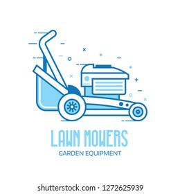 Rotary lawn mower engine logo or emblem template. Grass cutter outline icon. Gardening machine logotype in line art.