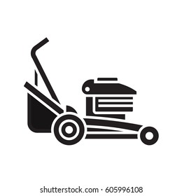 Rotary lawn mower engine in outline design. Grass cutter icon. Gardening machine silhouette vector illustration.