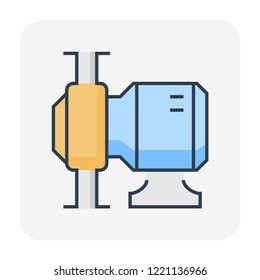 Rotary lobe pump vector icon. Consist of rotor or vane inside power by electric motor for suction and discharge fluid, liquid or gas to flow. Use in food processing, beverage, pharmaceutical industry.
