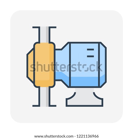 Rotary lobe pump vector icon. Consist of rotor or vane inside power by electric motor for suction and discharge fluid, liquid or gas to flow. Use in food processing, beverage, pharmaceutical industry.