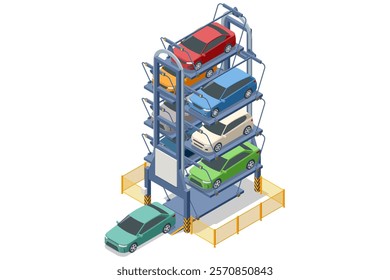 Rotary parking. Isometric vector illustration of a rotary car parking system. Multiple cars are stacked vertically on a rotating platform to optimize space in urban areas