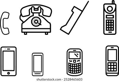 Rotary Phone, Landline, Cordless Phone, Brick Cellphone, Flip Phone, QWERTY Phone, Smartphone Icons: Telecommunication Evolution in a Comprehensive Vector Icon Bundle