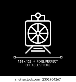 Rotary snow plow pixel perfect white linear icon for dark theme. Steam train. Railroad maintenance. Road cleaning. Thin line illustration. Isolated symbol for night mode. Editable stroke