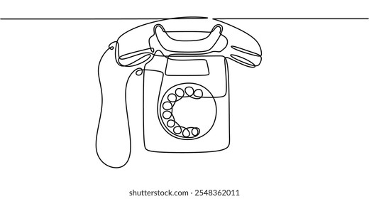 Telefone rotativo em um desenho de linha, simbolizando a comunicação vintage, nostalgia e estilo retro em um design simples.