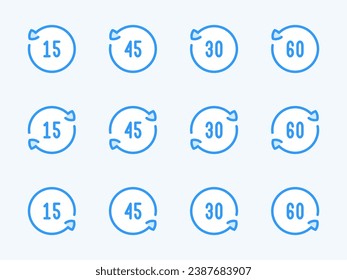 Rotate 15, 30, 45 and 60 degrees vector line icons. Angle of Rotation and Rotating arrow with angle value outline icon set.