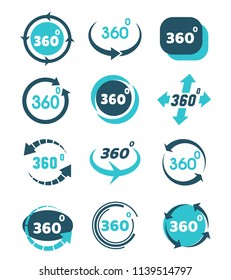 Rotate 360 view icons. Round panorama view icon set with arrows, 3d circle rotate vector signs for virtual tour and panoramic video