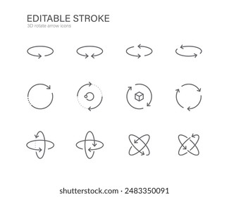 rotate 3d arrow icon set. editable stroke 360 degree view arrow icons