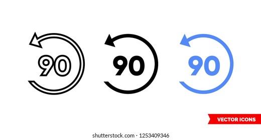 Rotate 90 icon of 3 types: color, black and white, outline. Isolated vector sign symbol.