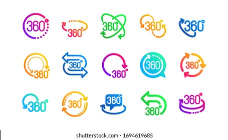 Rotate arrow, VR panoramic simulation and augmented reality. 360 degrees icons. 360 degrees virtual gaming, abstract geometry, full rotation view icons. Classic set. Gradient patterns. Vector