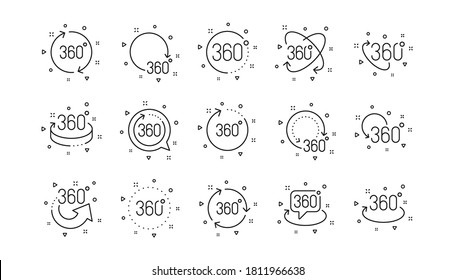 Rotation Pfeil, VR Panorama Simulation und erweiterte Realität. 360 Grad Zeilensymbole. 360 Grad virtuelles Gaming, abstrakte Geometrie, Symbole mit voller Rotation. Lineares Set. Geometrische Elemente. Vektorgrafik