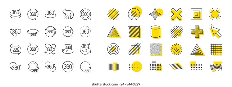 Rotate arrow, VR panoramic simulation and augmented reality. Design shape elements. 360 degree line icons. 360 degree virtual gaming, abstract geometry, full rotation view icons. Vector