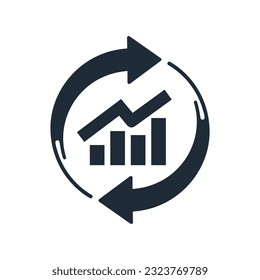 Rotate arrows and growth chart. Update report, analysis and statistics data symbol.Vector  icon isolated on white background.