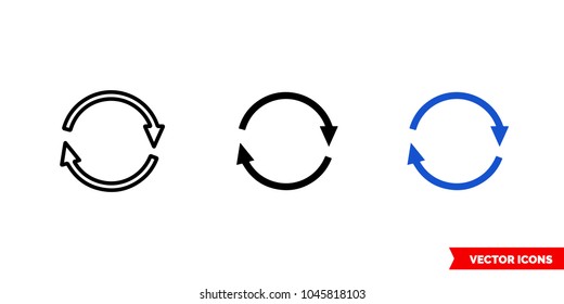Rotate arrows icon of 3 types: color, black and white, outline. Isolated vector sign symbol.