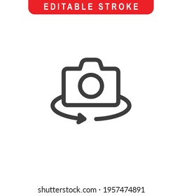 Rotate Camera Outline Icon. Switch Camera Line Art Logo. Vector Illustration. Isolated on White Background. Editable Stroke