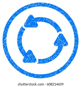 Rotate CCW grainy textured icon inside circle for overlay watermark stamps. Flat symbol with dirty texture. Circled dotted vector blue ink rubber seal stamp with grunge design on a white background.