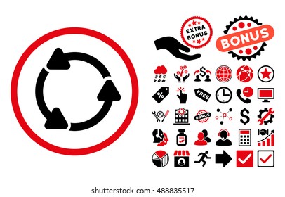 Rotate CCW pictograph with bonus images. Vector illustration style is flat iconic bicolor symbols, intensive red and black colors, white background.