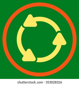 Rotate Ccw vector icon. Style is bicolor flat circled symbol, orange and yellow colors, rounded angles, green background.