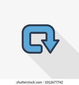 rotate, circle, round turn thin line flat color icon. Linear vector illustration. Pictogram isolated on white background. Colorful long shadow design.