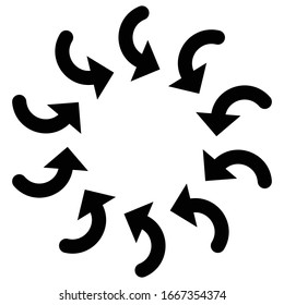 Rotate circular, radial arrows for cycle, iteration concepts. Concentric pointers for process, procedure, repetition themes. Cyclical, spinning cursor illustration