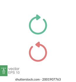 Gire en el sentido de las agujas del reloj en color verde y gire las flechas en el sentido contrario a las agujas del reloj en el icono de signo rojo. Botón de dirección de flecha circular en espejado con dos estilos. Ilustración vectorial. Diseño en fondo blanco EPS 10