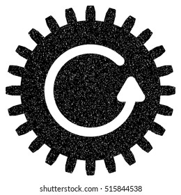 Rotate Cog grainy textured icon for overlay watermark stamps. Flat symbol with dirty texture. Dotted vector black ink rubber seal stamp with grunge design on a white background.