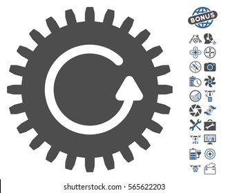 Rotate Cog icon with bonus flying drone service images. Vector illustration style is flat iconic cobalt and gray symbols on white background.