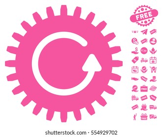 Rotate Cog icon with free bonus icon set. Vector illustration style is flat iconic symbols, pink color, white background.