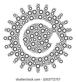 Rotate Cog mosaic of gear elements. Vector cog wheel items are organized into rotate cog pattern.