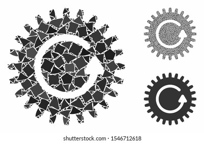 Rotate cog mosaic of uneven items in various sizes and shades, based on rotate cog icon. Vector bumpy items are organized into collage. Rotate cog icons collage with dotted pattern.