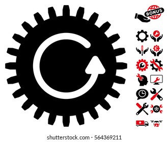 Rotate Cog pictograph with bonus service pictograms. Vector illustration style is flat iconic intensive red and black symbols on white background.