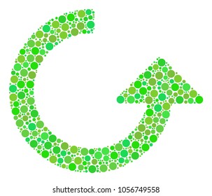 Rotate composition of filled circles in variable sizes and fresh green color tones. Vector round elements are organized into rotate collage. Fresh design concept.