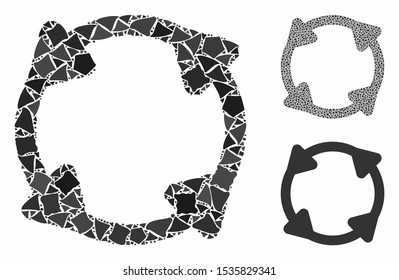 Rotate composition of uneven pieces in variable sizes and color tones, based on rotate icon. Vector abrupt pieces are combined into collage. Rotate icons collage with dotted pattern.