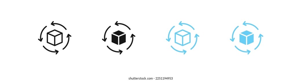 Rotar icono de cubo. Símbolo de cuatro flechas. 360 rotar las señales. Repita la recarga de símbolos cuadrados. Devuelve los iconos. Color negro y azul. Signo aislado del vector.